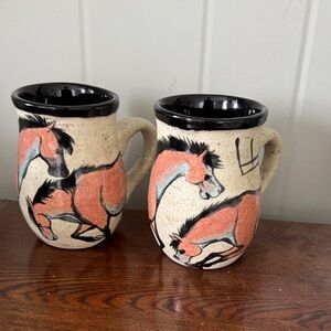 Handcrafted Ceramic Horse Design Mugs - Black and Tan